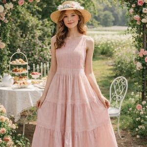 NWT Pampelone Perle Pink Cotton Tiered Maxi Dress Sz M Easter Garden Tea Party